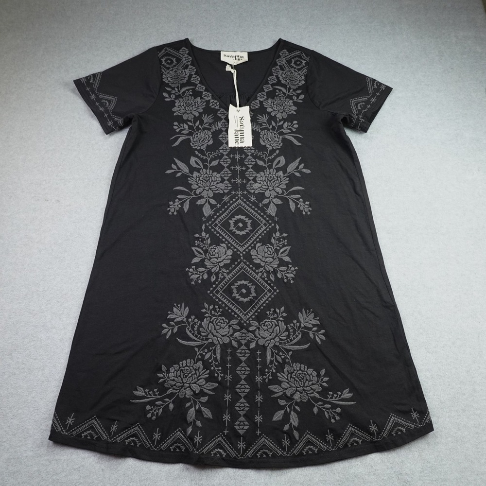 Savanna Jane Dress Womens Small‎ Black Boho Mini Embroidered Floral